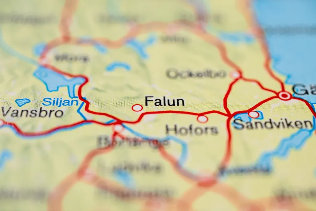 Karta som visar Falund med omnejd, där MBA Fastighetsservice erbjuder förvaltning för brf och företag.